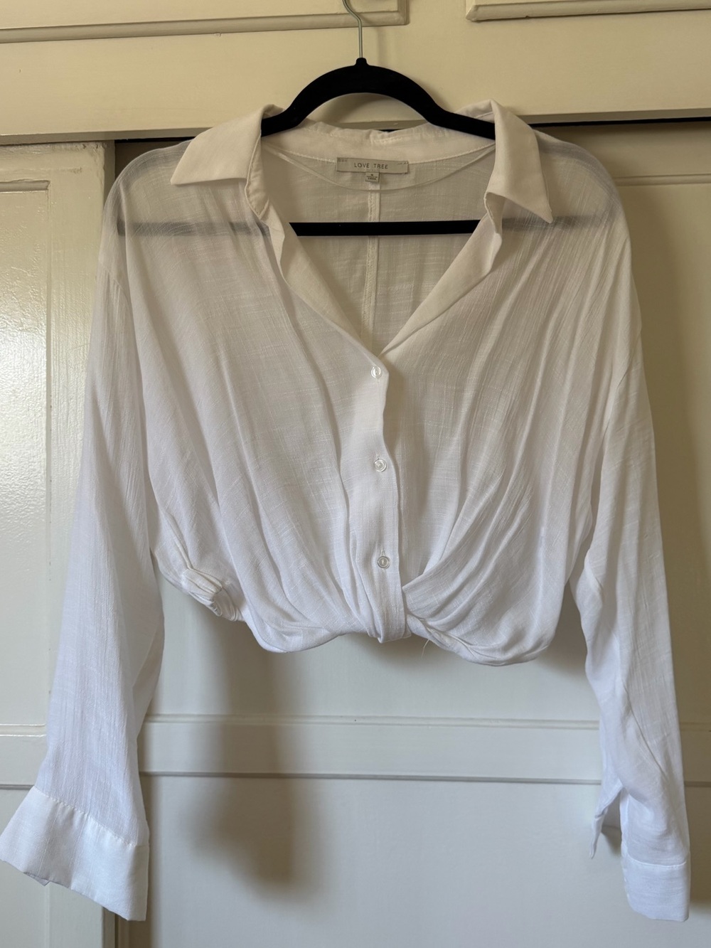 Love Tree White Button Down Cropped Shirt